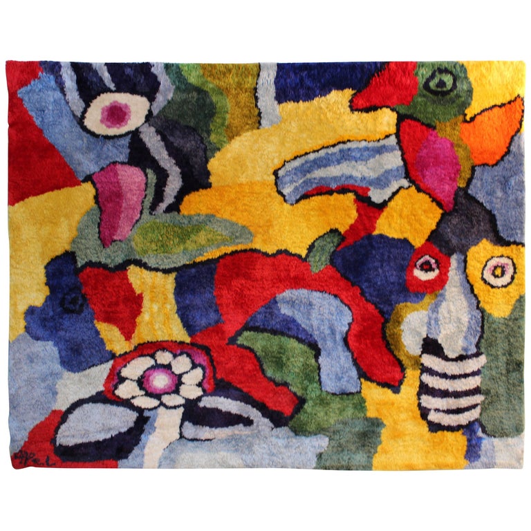 Monumental Original Fiber Art Karel Appel Rug Silk Tapestry Colorful
