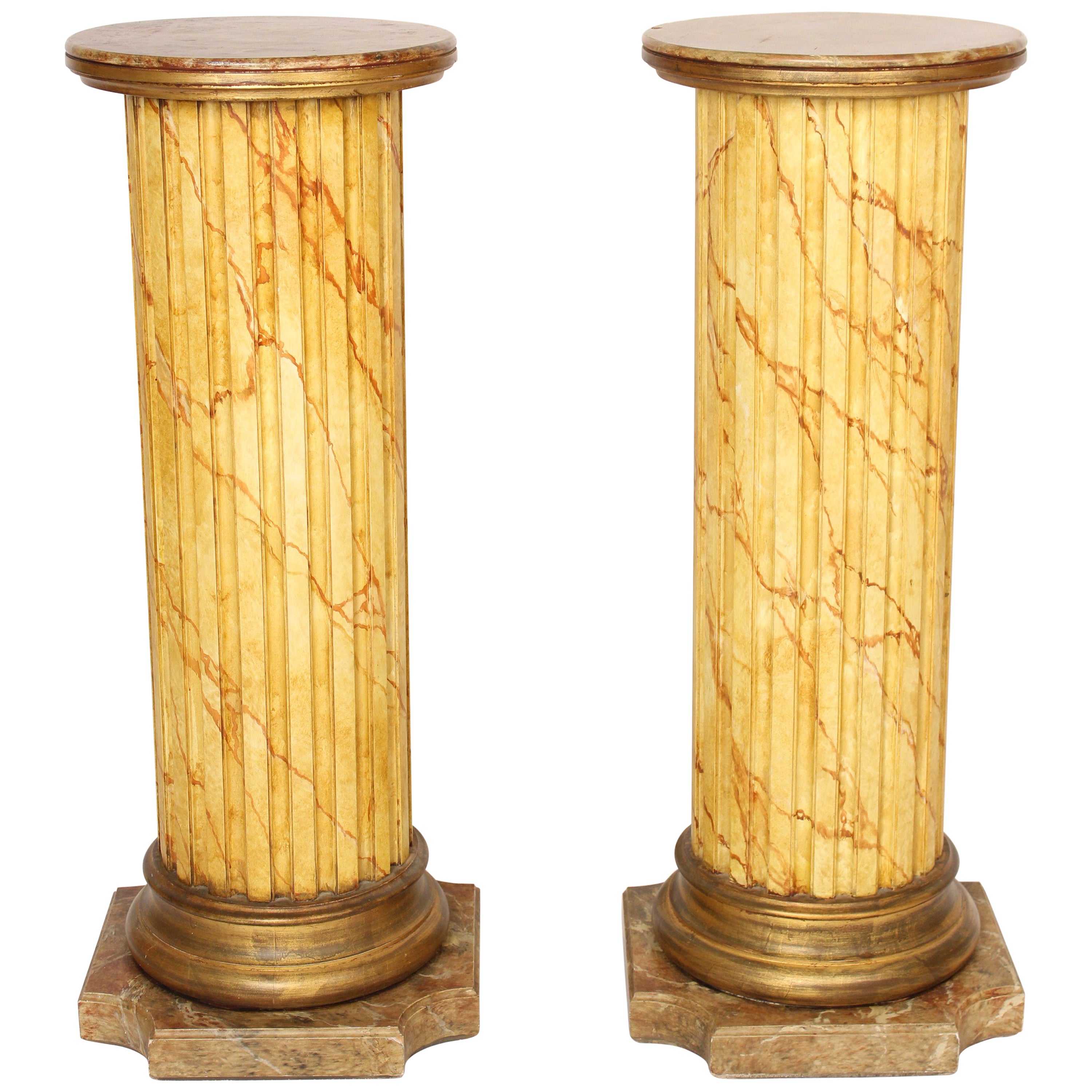 Pair of Large Plaster Round Column Pedestals with Faux Finish For Sale