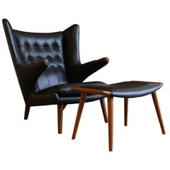 Black Leather Papa Bear Chair and Ottoman by Hans J. Wegner