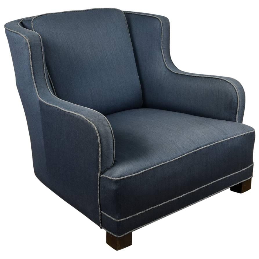 Danish Mid-Century Blue Upholstered Oversized Lounge Chair