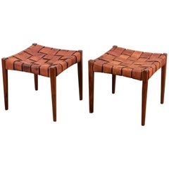 Pair of Vintage Woven Walnut Leather Stools