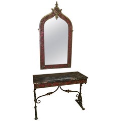 Art Deco Oscar Bach Attributed Mirror and Console Table Marble and Wrought Iron