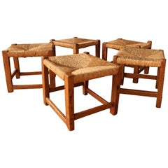 Vintage Wood Stools with Woven Rush Seats