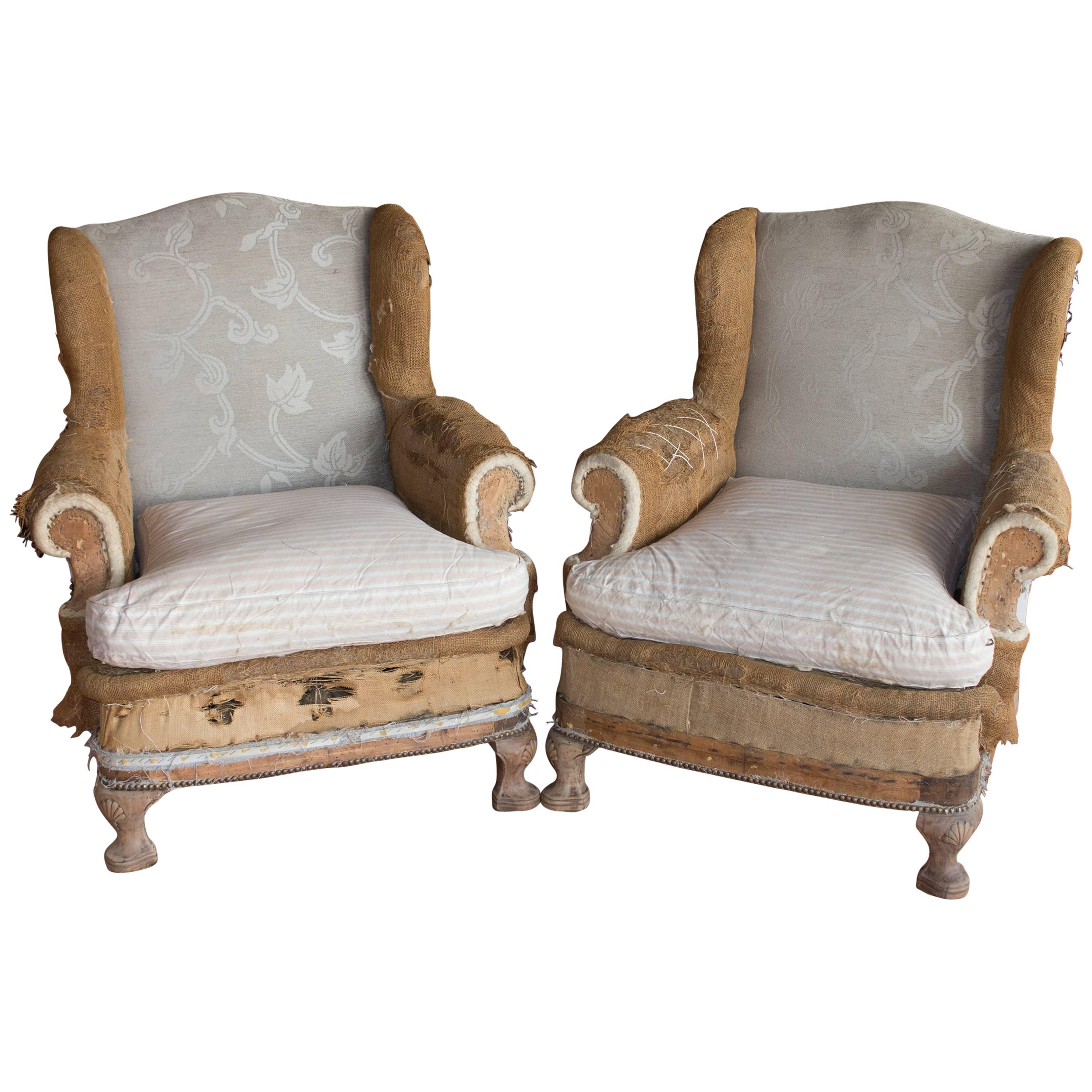 Pair of Antique Queen Anne Deconstructed Wingback Chairs