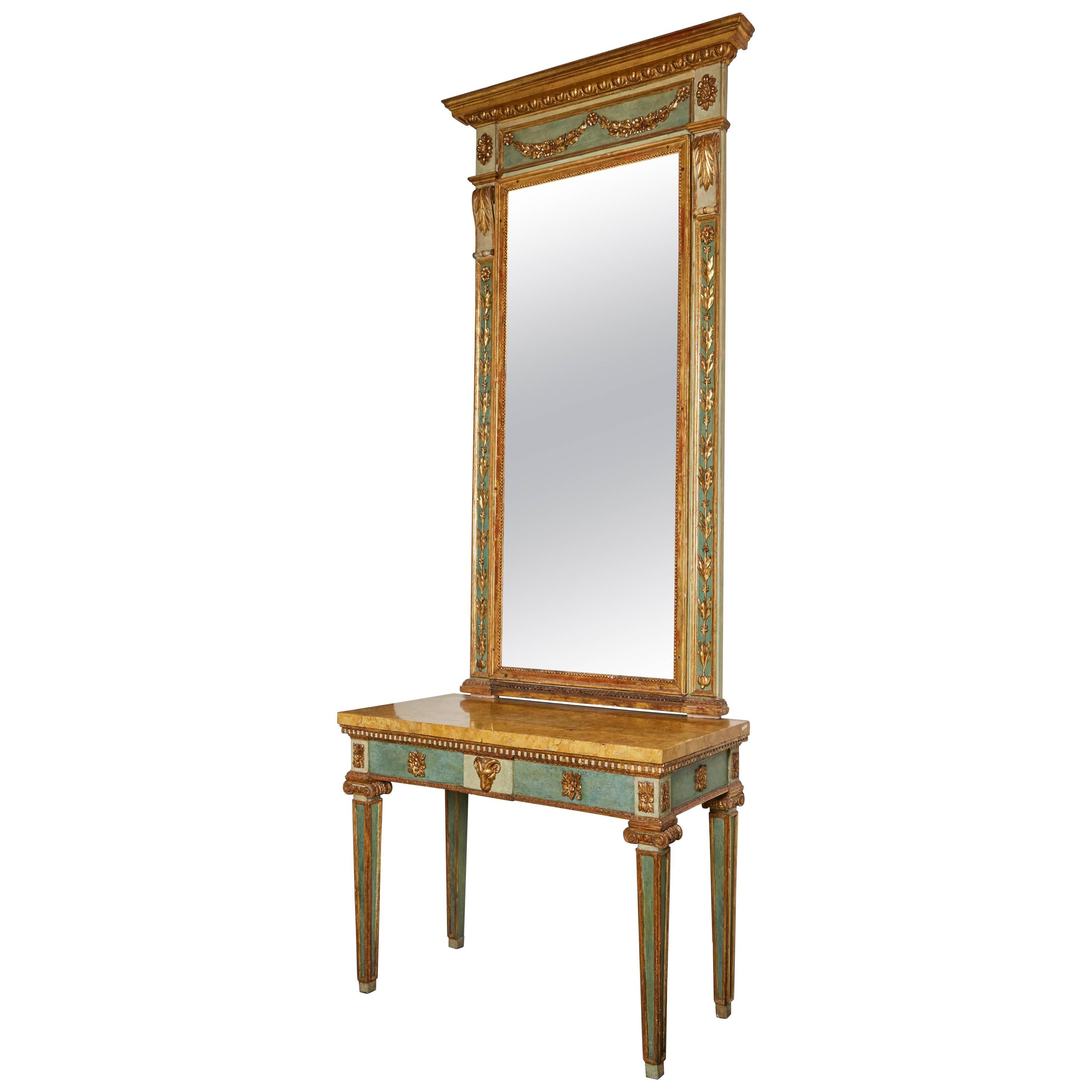 Late 18th Century Italian Parcel-Gilt and Painted Mirror Over Console For Sale