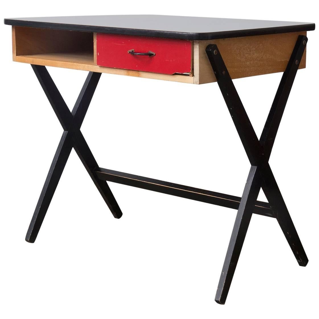 1954, Coen de Vries for Devo Wooden Writing Desk with Red Drawer and Formica Top For Sale