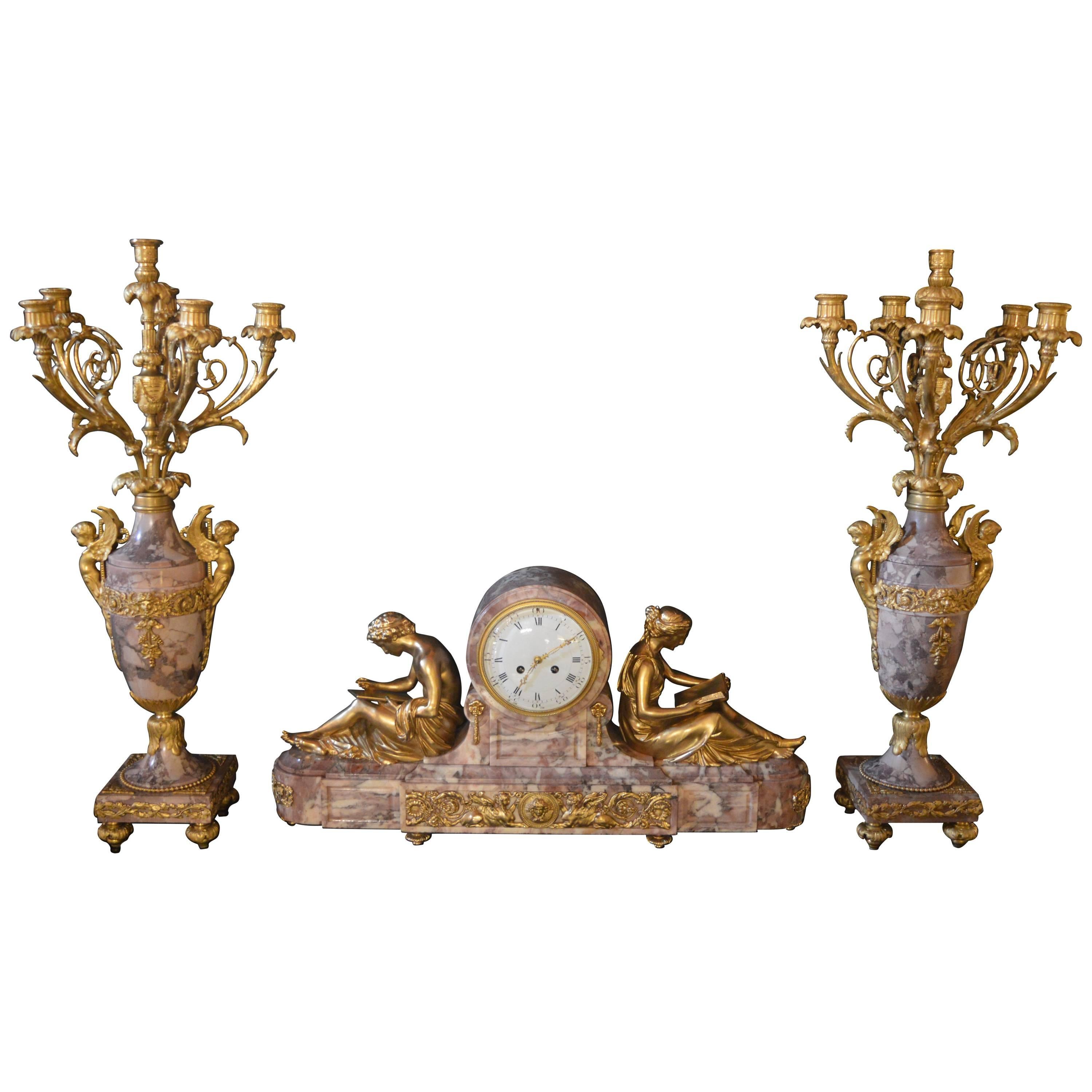 19th Century Gilt Bronze Ormolu and Marble Clockset