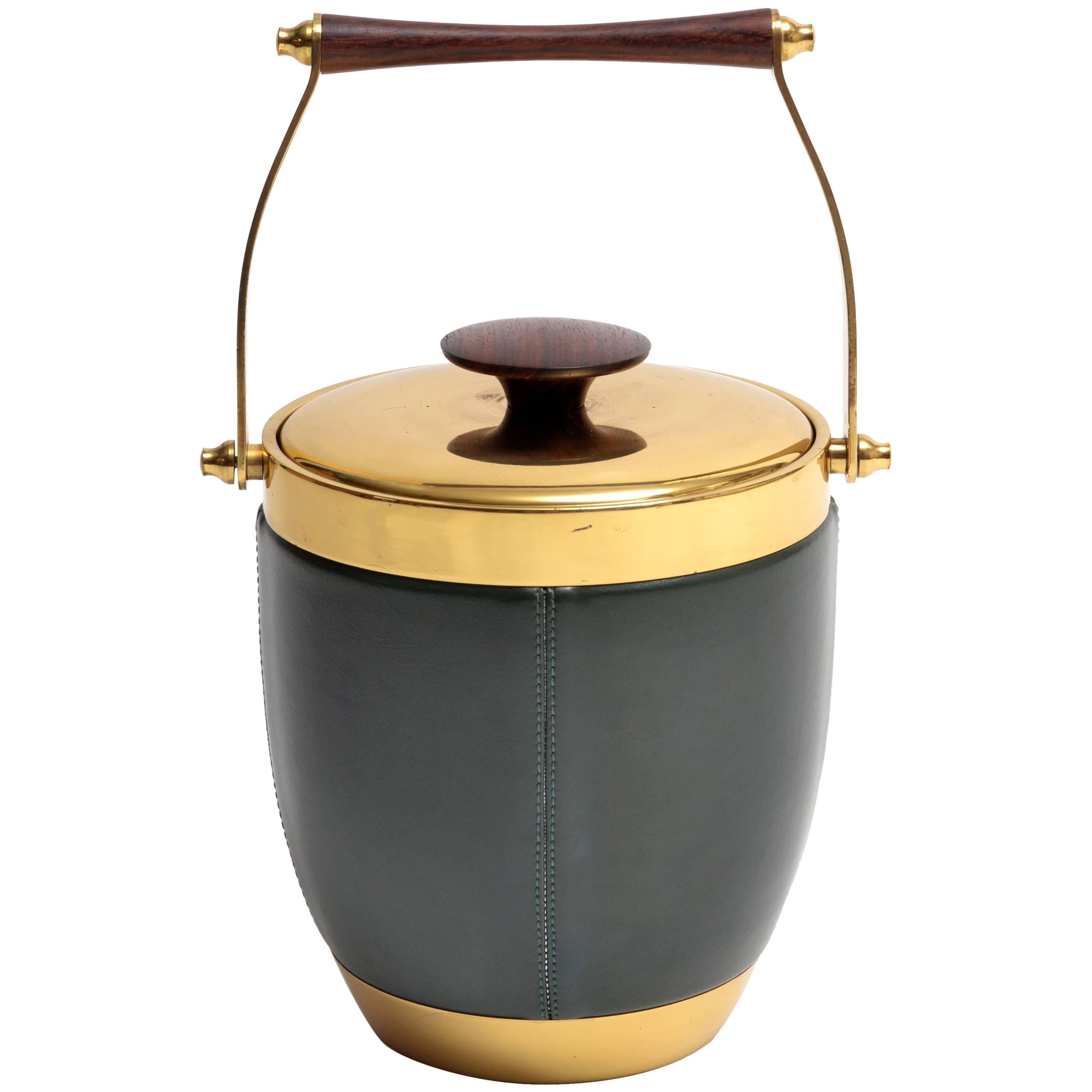 Italian Brass Leather and Rosewood Accented Ice Bucket For Sale