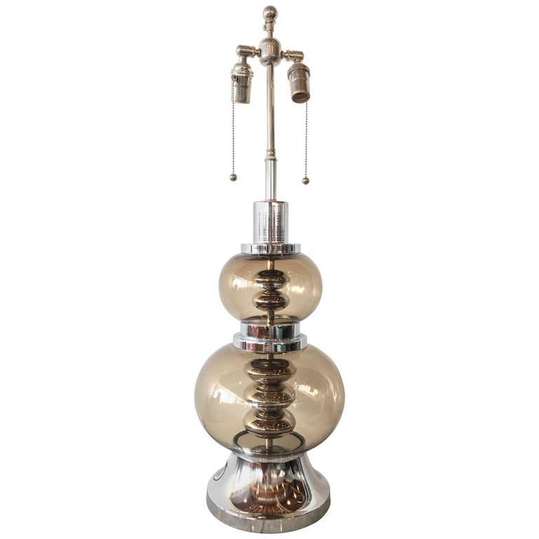 Smoked Glass Ellipsoids and Chrome Table Lamp, Italy, circa 1970 For Sale