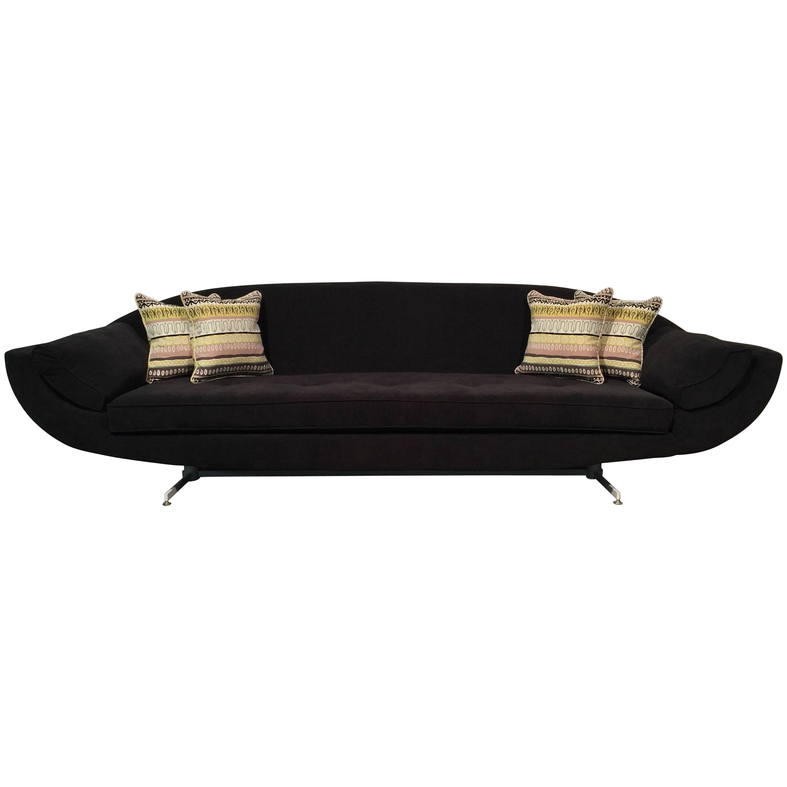 Unique Mid-Century Modern Black Gondola Sofa with White Lacquered Metal Base