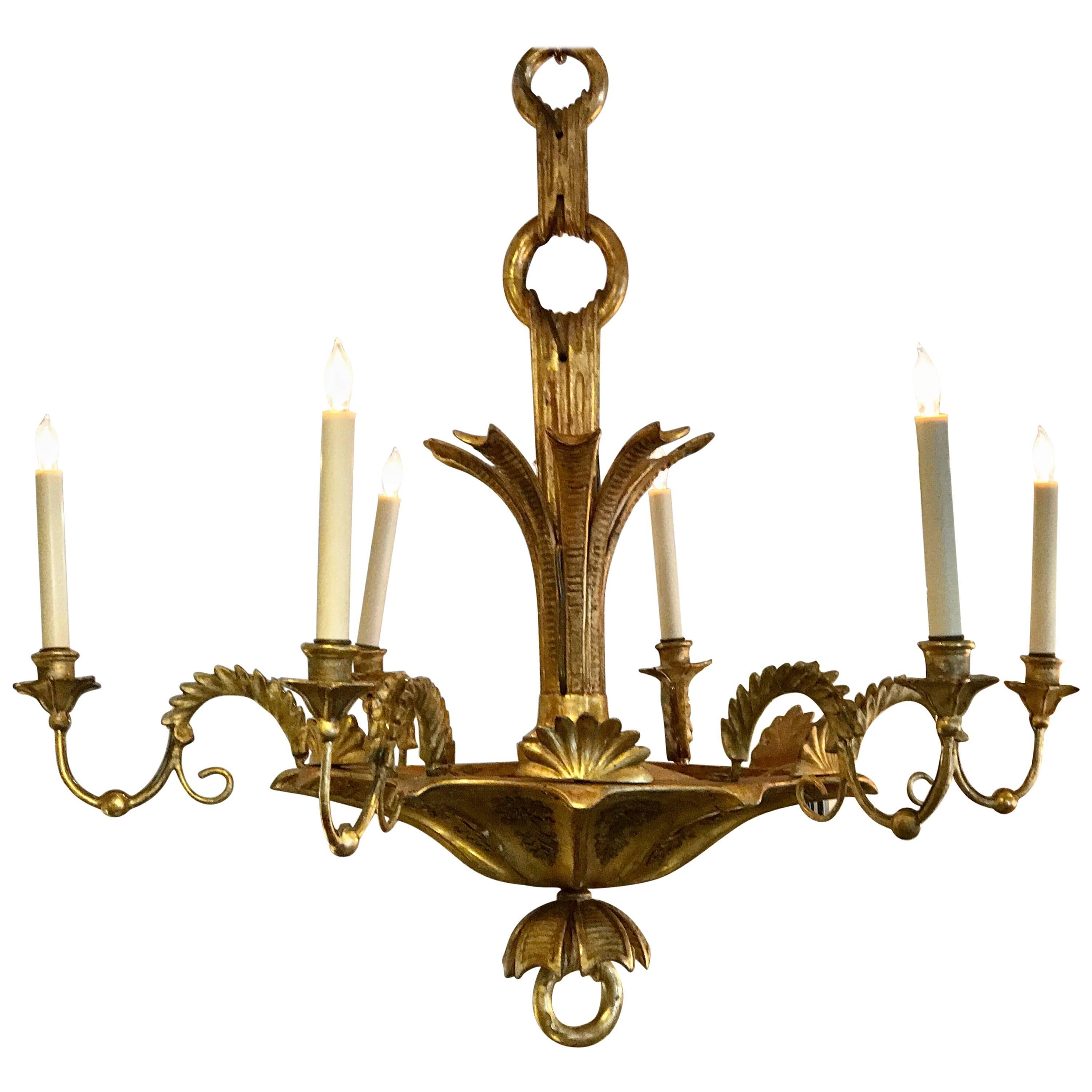 Antique Continental Giltwood Neoclassic Six-Light Chandelier