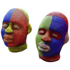 Vintage African Ibibio Beaded Head Masks, Pair