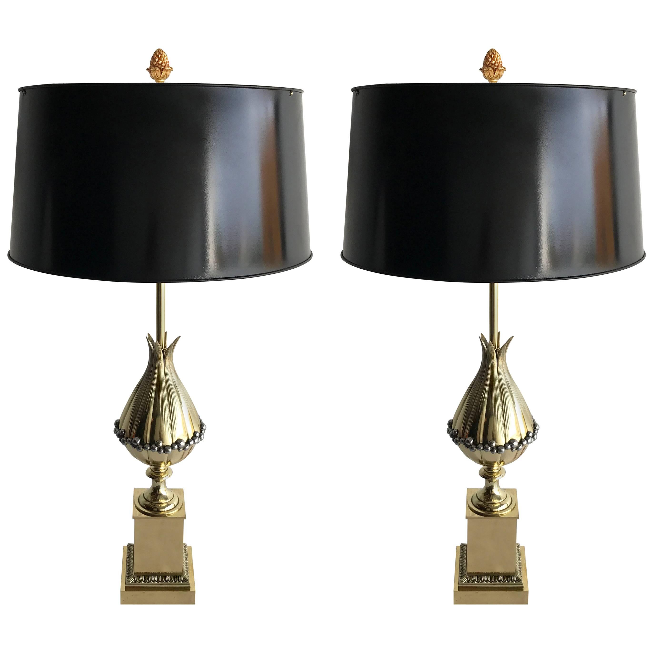 Pair of Maison Charles "Lotus" Bronze Table Lamp For Sale