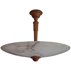 Large Mid-Century Alabaster and Wood Pendant / Flush Mount in the Art Deco Style