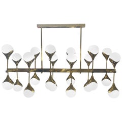 Italian Modernist Chandelier in Brass with 24 Opaline Glass Shades