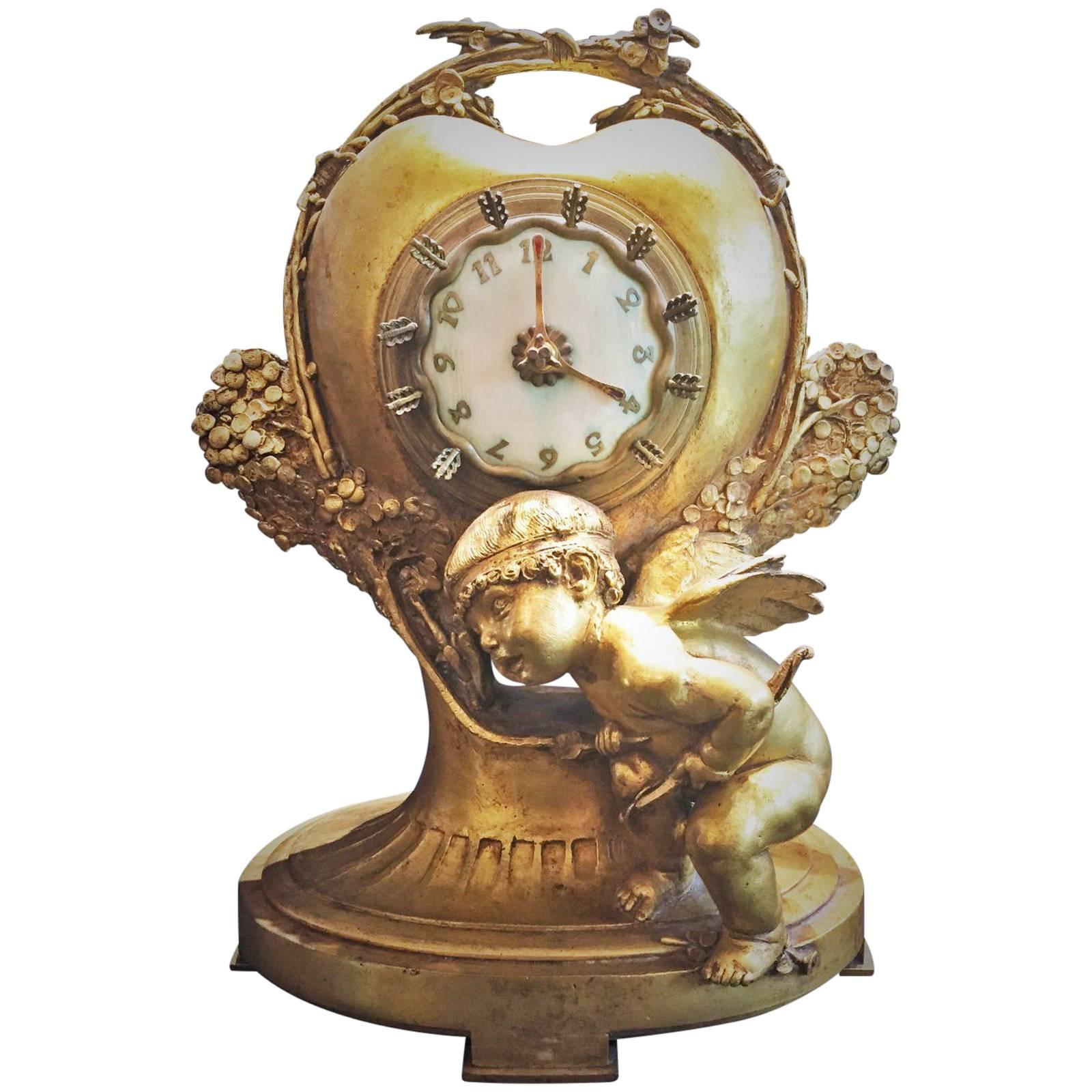 Max Blondat, French Art Nouveau Gilt Bronze Timepiece, 1914 For Sale