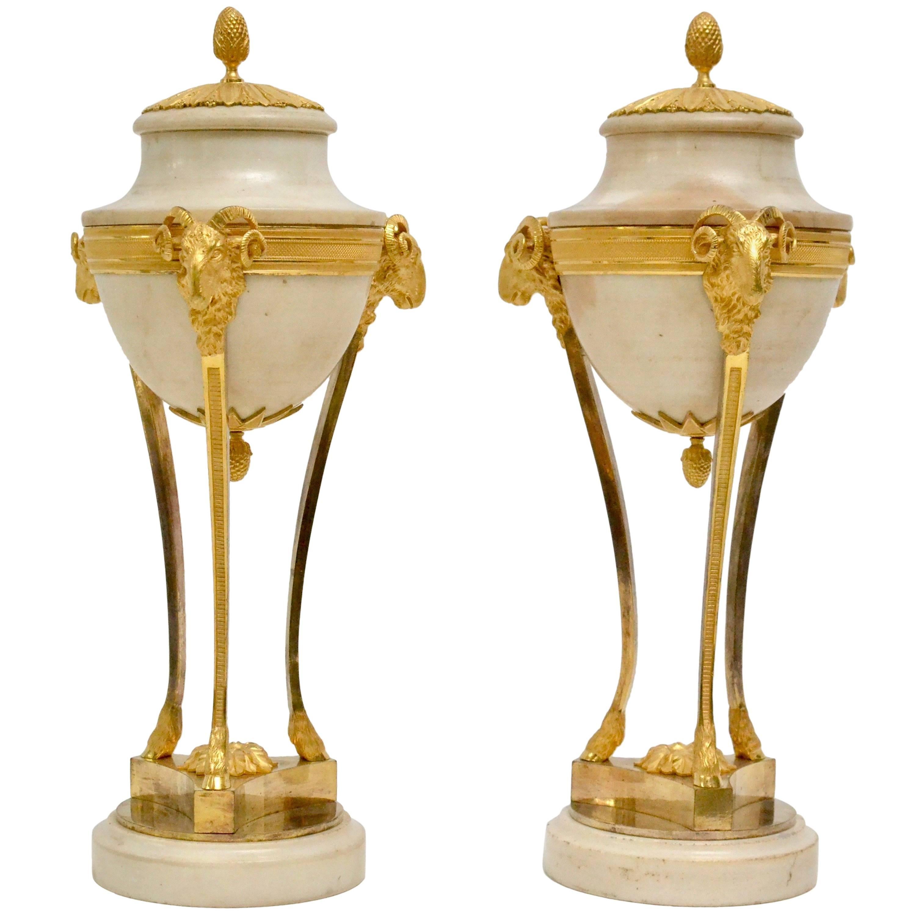 Pair of Louis XVI Gilt Bronze and White Marble Urns