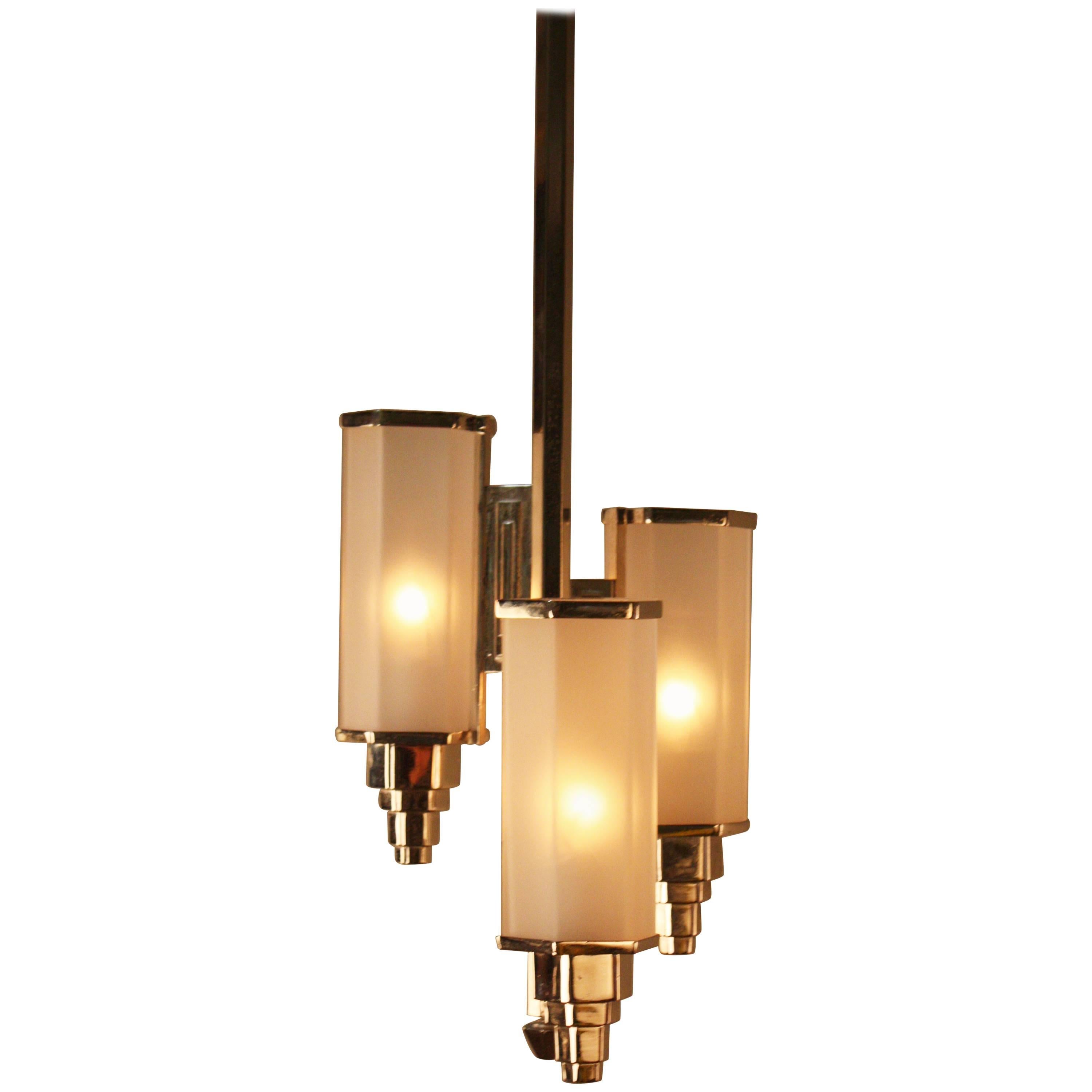 French Art Deco Glass and Nickel Chandelier