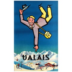 Original Retro Skiing and Winter Sports Resort Poster for Valais Switzerland