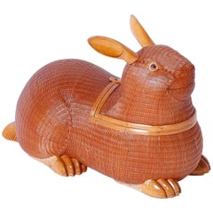 Mid-Century Wicker and Wood Rabbit Sculpture or Box