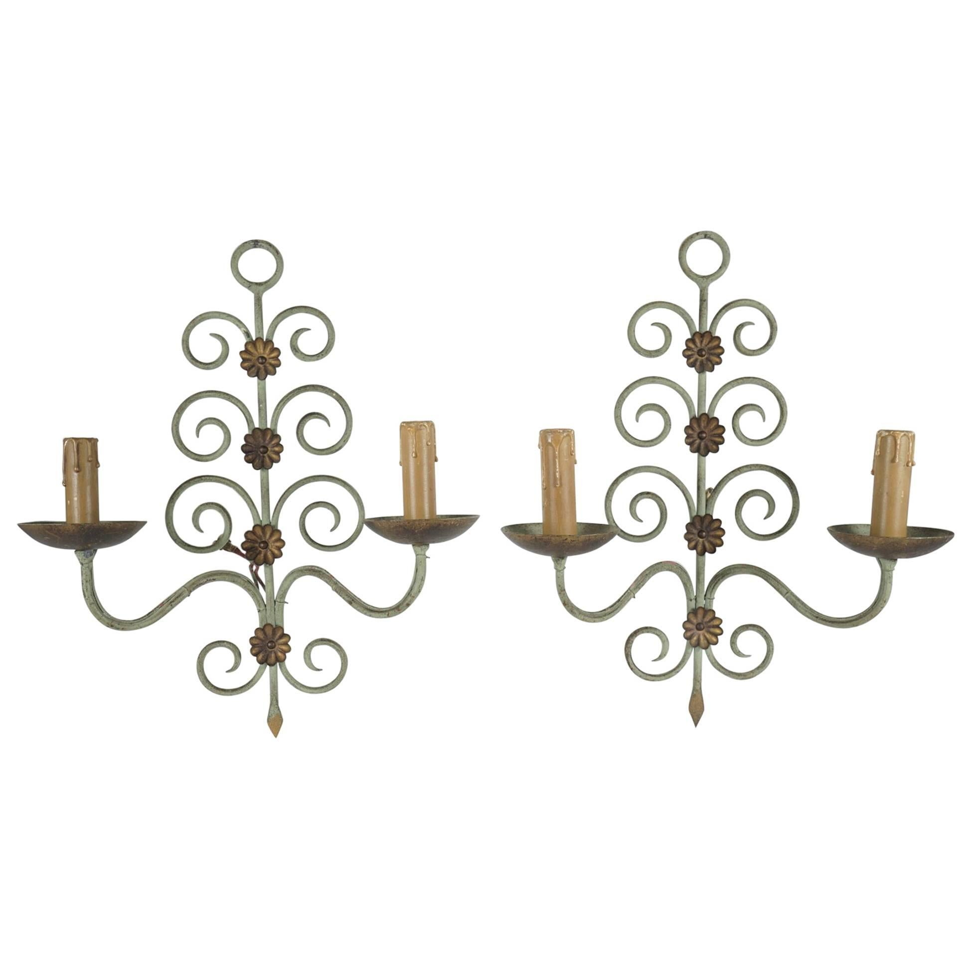 Pair of French Wrought Iron Two-Light Art Moderne Sconces