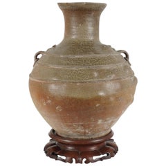 Used Period Large Han Dynasty Green Glazed Large Jar on 19th Century Rosewood Stand