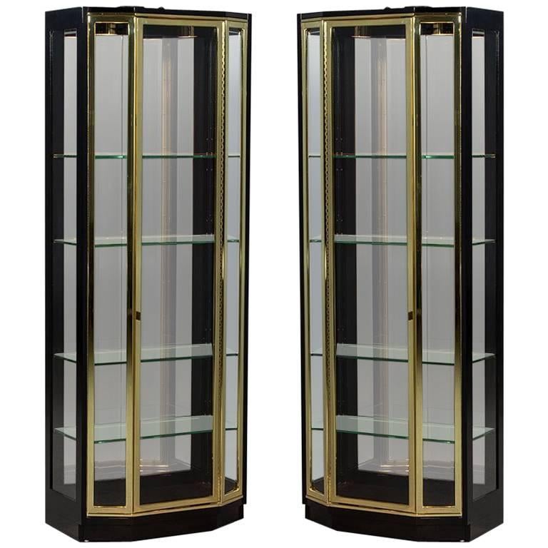 Pair of Henredon Ebonized and Brass Curio Cabinets