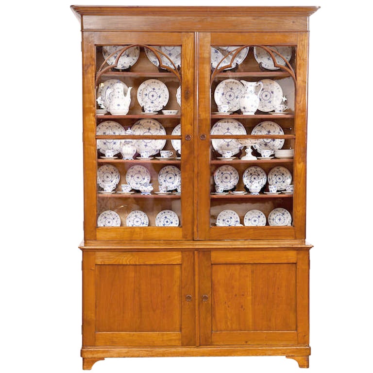 French Charles X Bookcase in Cherry Wood w/ Original Glass Door Panels, c. 1820
