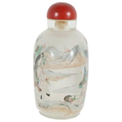 20th Century Chinese Painted Peaking Glass Snuff Bottle with Cinnabar Stopper
