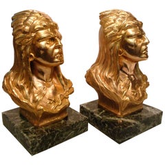 Gilt Bronze Native North American Indians Bookends, France, 1920