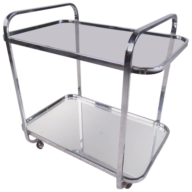 Vintage Modern Chrome and Smoked Glass Bar Cart For Sale at 1stDibs