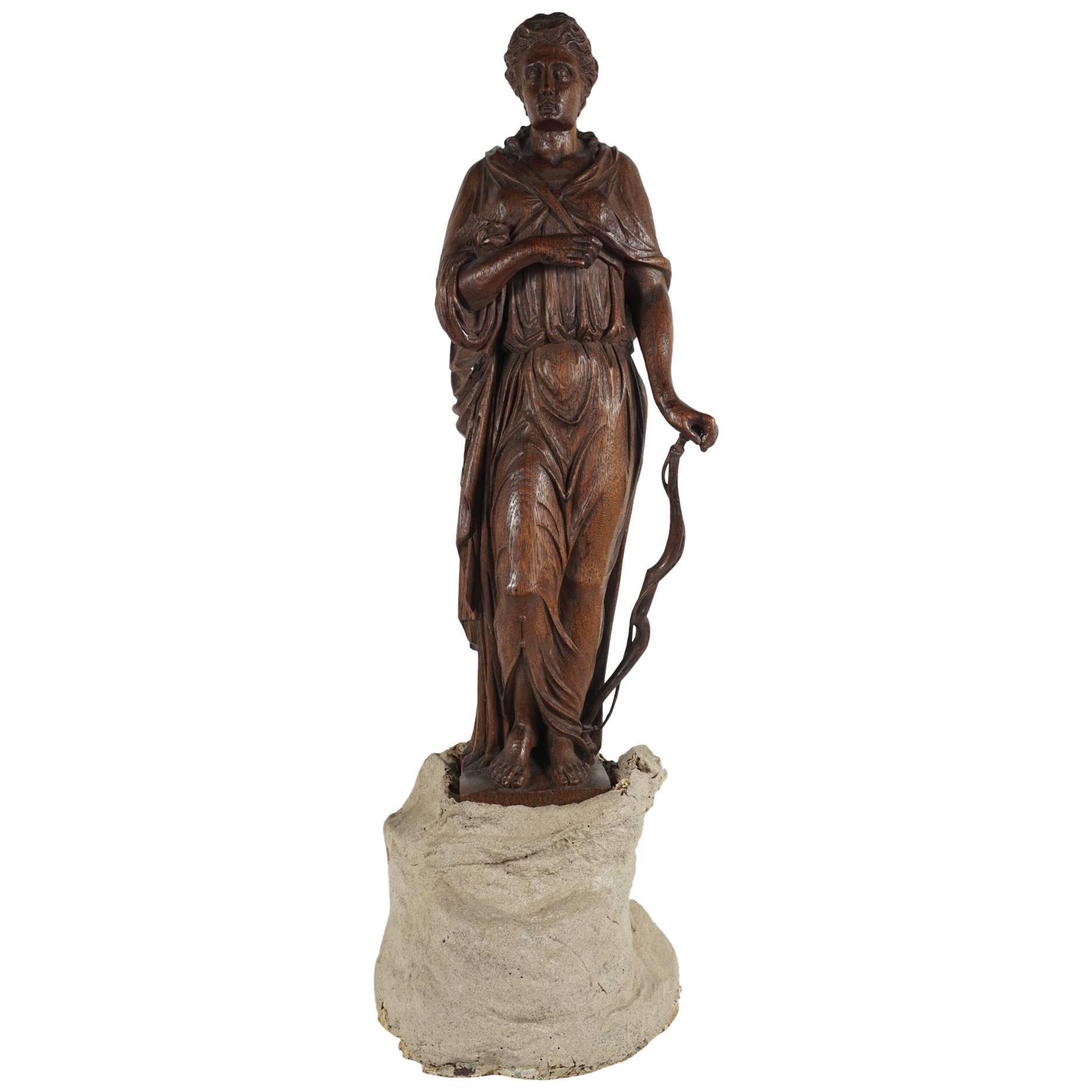  Late 19th Century Baroque Style Carved Oak Figure of Diana the Huntress For Sale