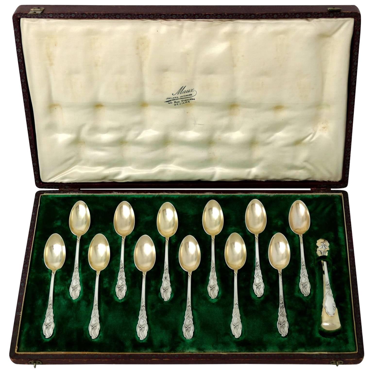 French Sterling Silver 18k Gold Tea Dessert Spoons Set, Sugar Tongs, Iris, Box