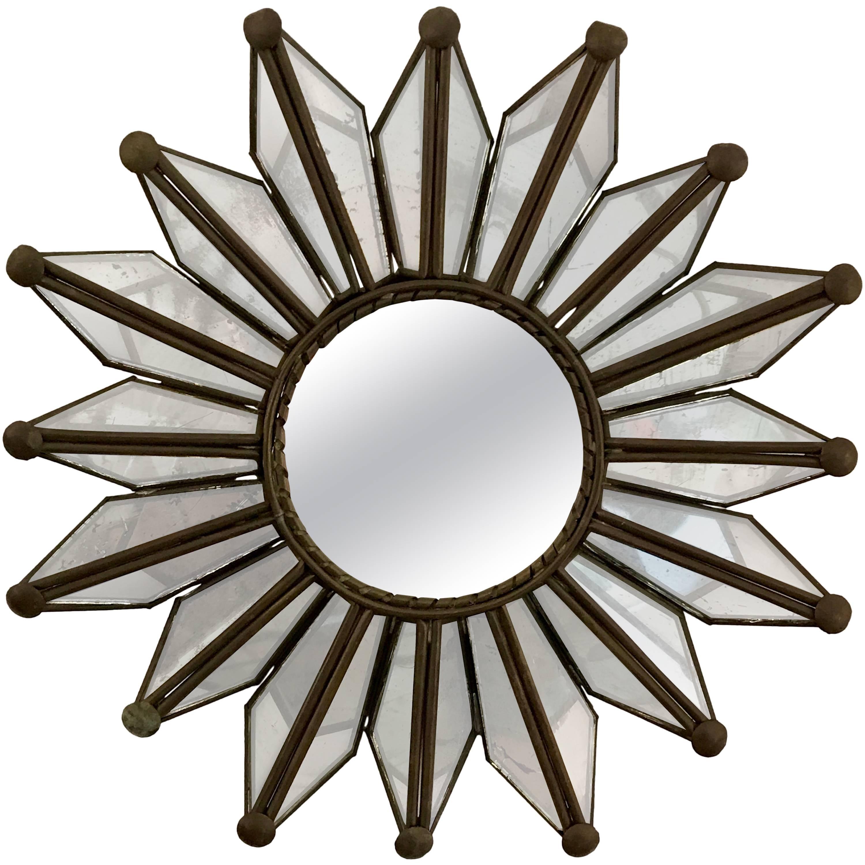 Small Mid-Century Modern Sunburst Mirror with Copper Frame, 1960's