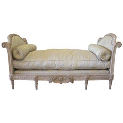 Antique Late 19th Century French Carved Pickled Louis XVI Style Upholstered Daybed