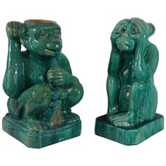 Retro Two Companion Glazed Terra Cotta Monkeys 