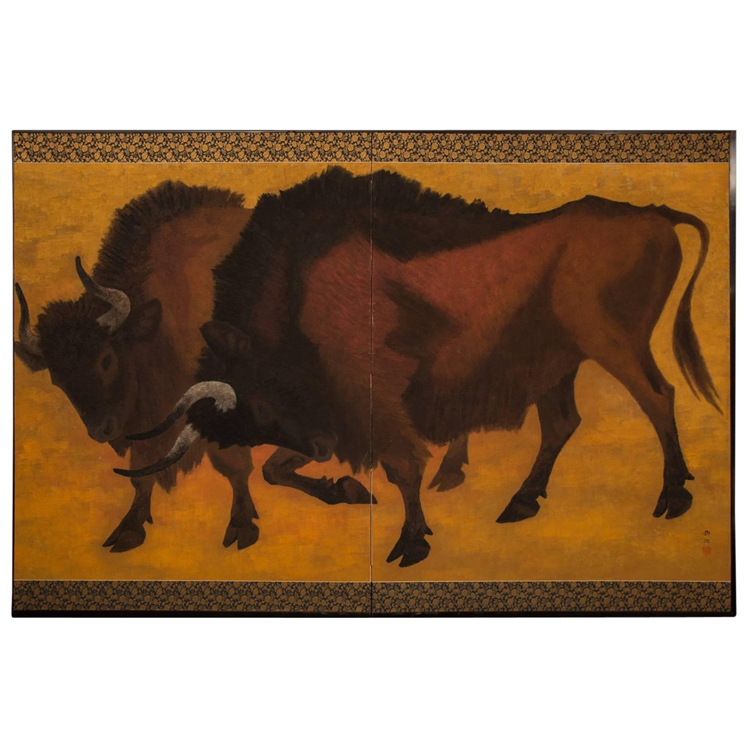 Japanese Two-Panel Screen, Yagyu 'Wild Ox' For Sale