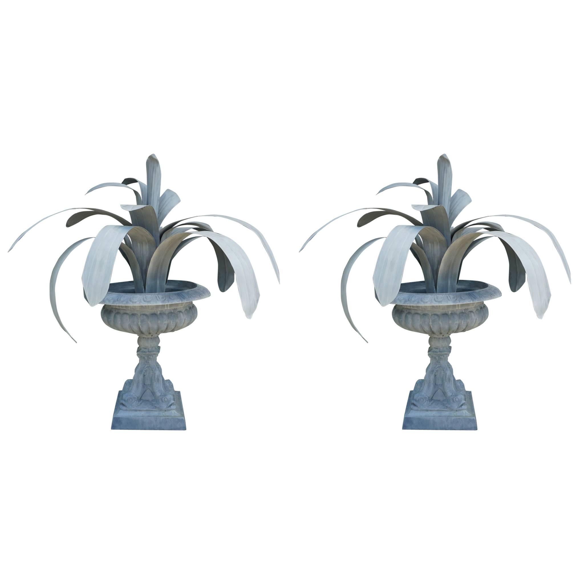 Pair of Large Vintage Tole Iron Topiary Plants in Vintage Tole Metal