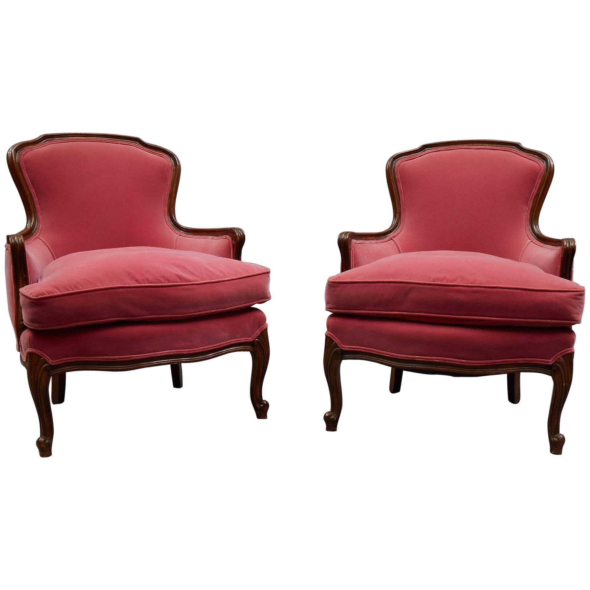 Louis XVI Style Carved Mahogany and Velvet Bergère Chairs