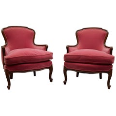 Louis XVI Style Carved Mahogany and Velvet Bergère Chairs