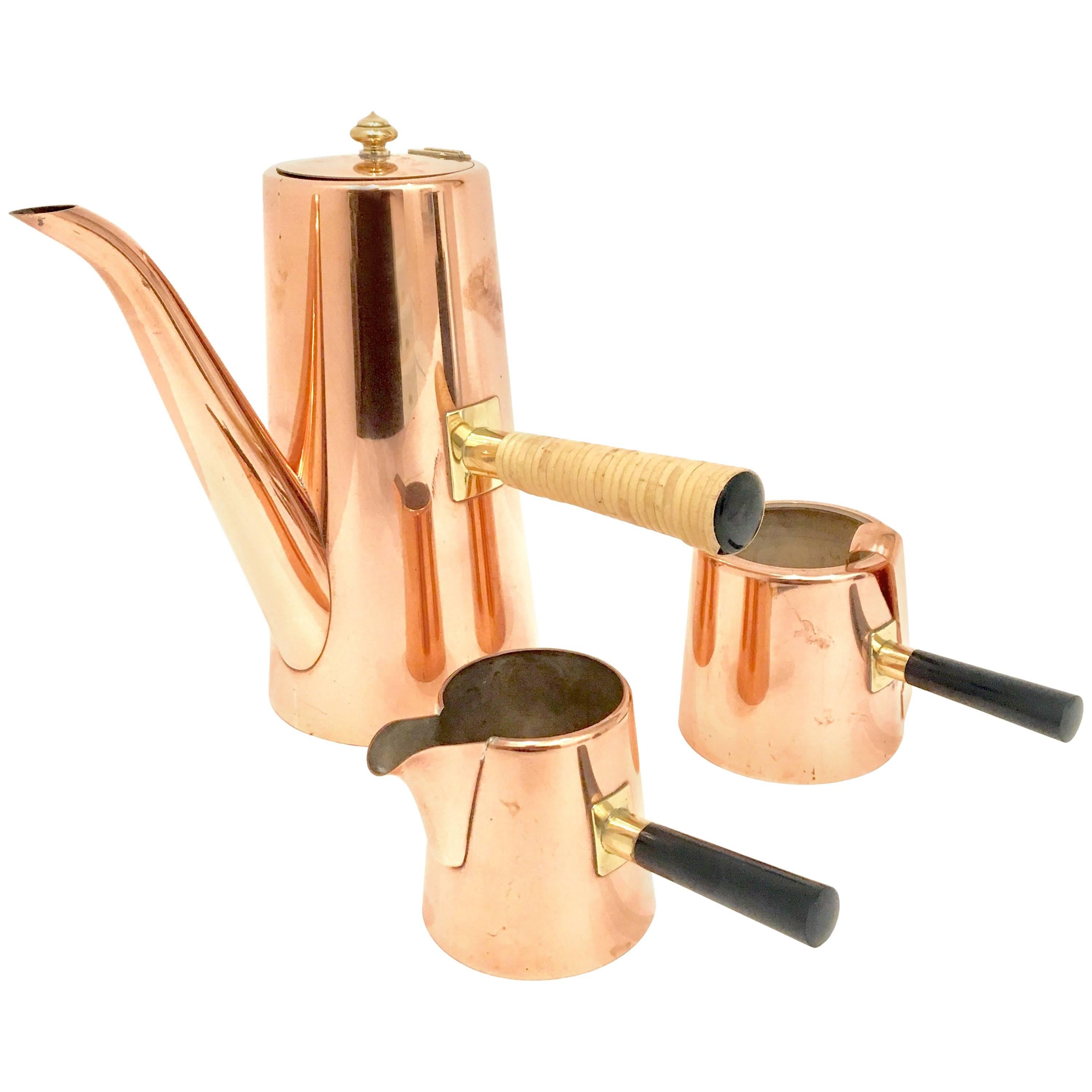 Copper Coffee Set with Tray and Teak Handles Mid-Century Modernist
