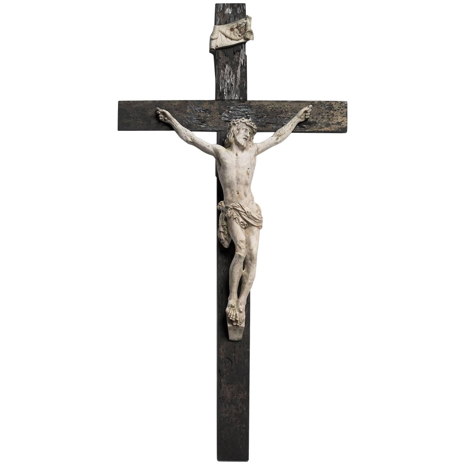 Distressed Plaster and Wood Crucifix, circa 1800