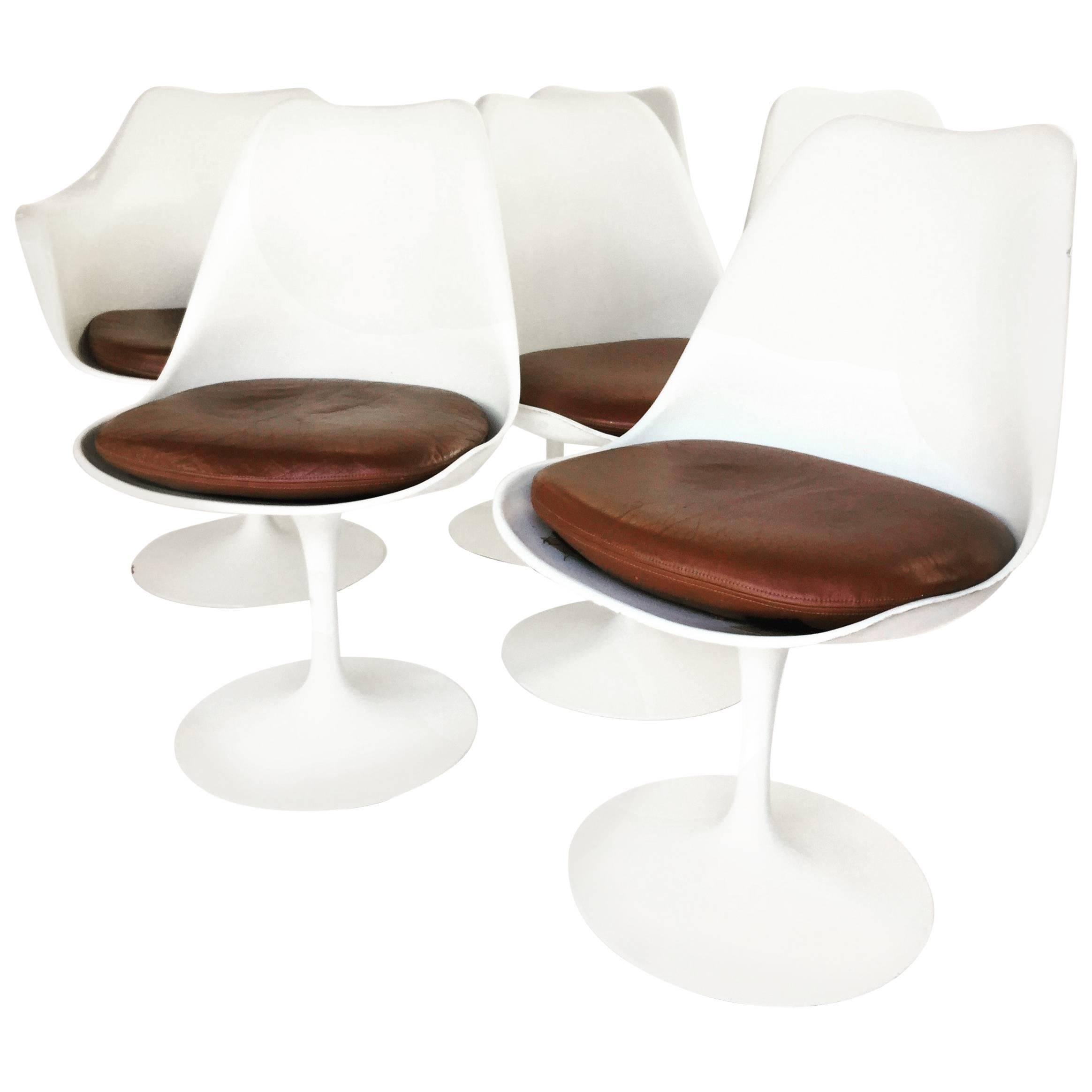 Eero Saarinen Lather Tulip Chairs, Set of Six For Sale