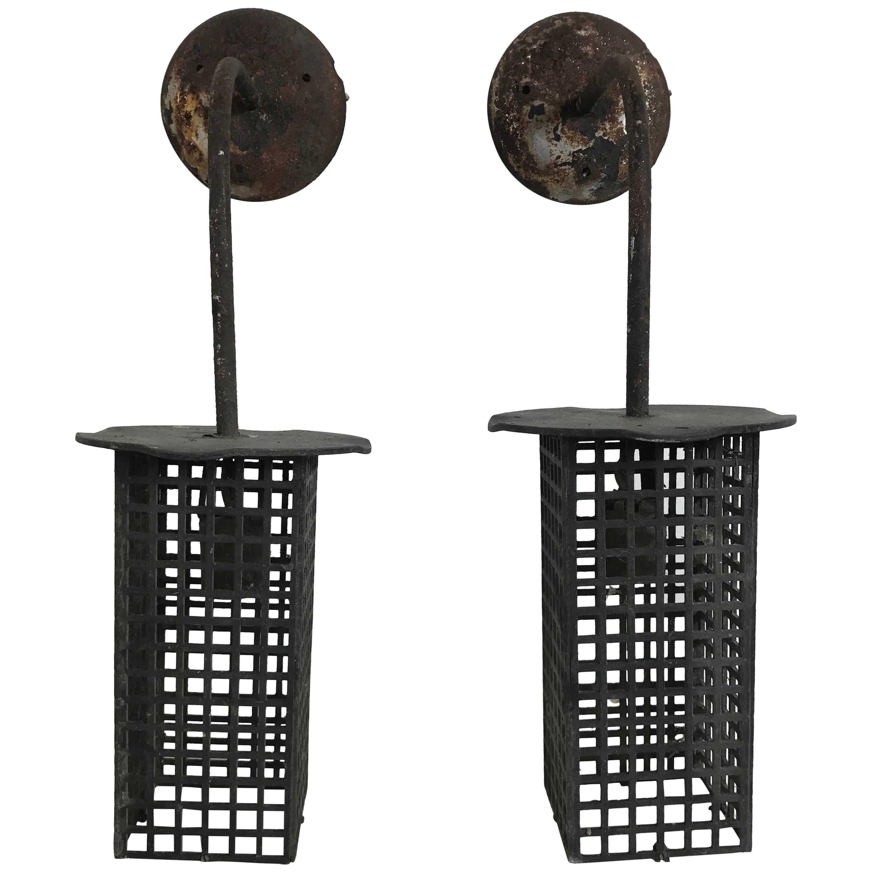 Modernist Jugendstil Iron Mesh Wall Sconces or Lanterns Manner of Josef Hoffmann