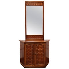 Walnut Entryway Storage Cabinet with Mirror