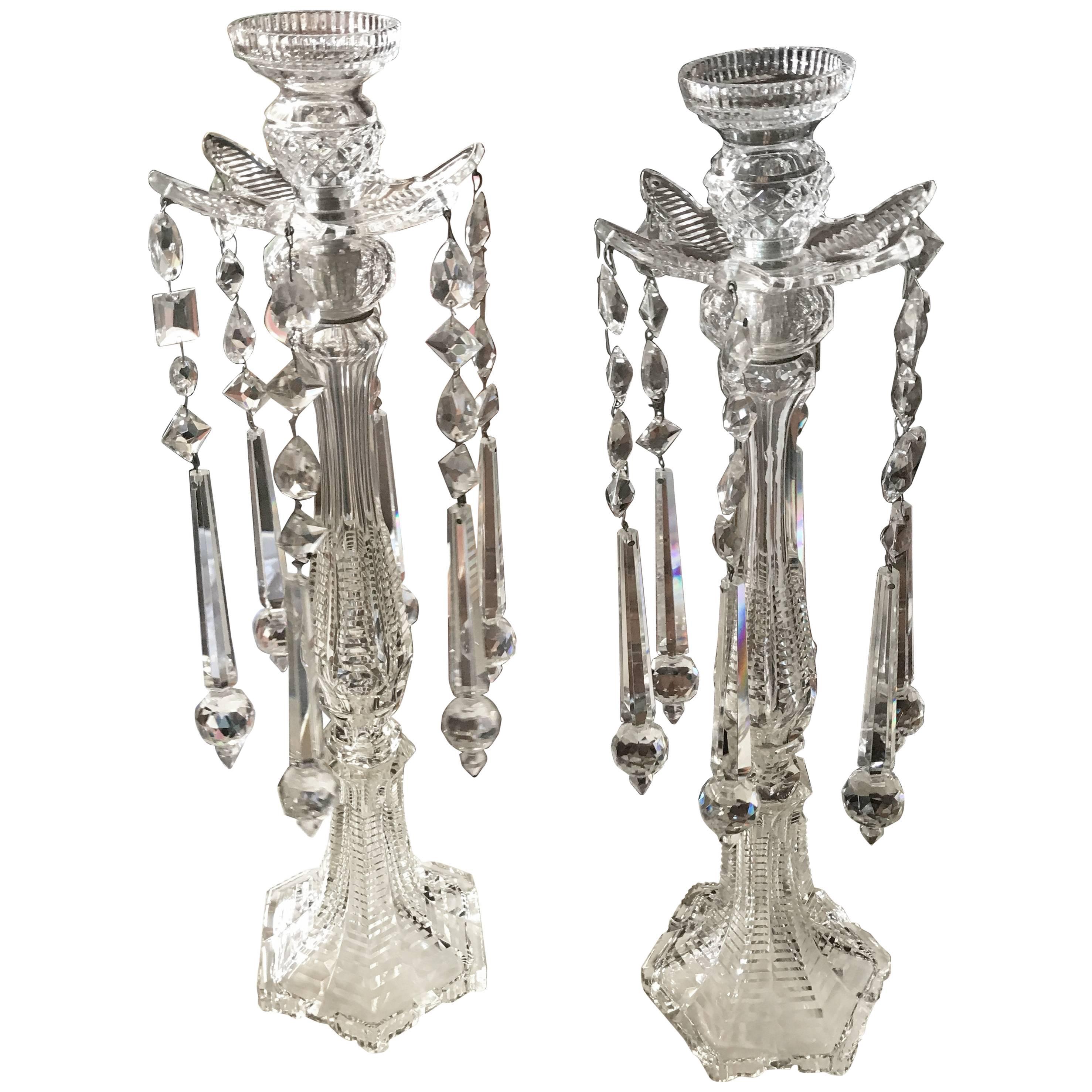 Sumptuous Pair of Cut Crystal Tall Candlesticks, Attributed to F.&C. Osler