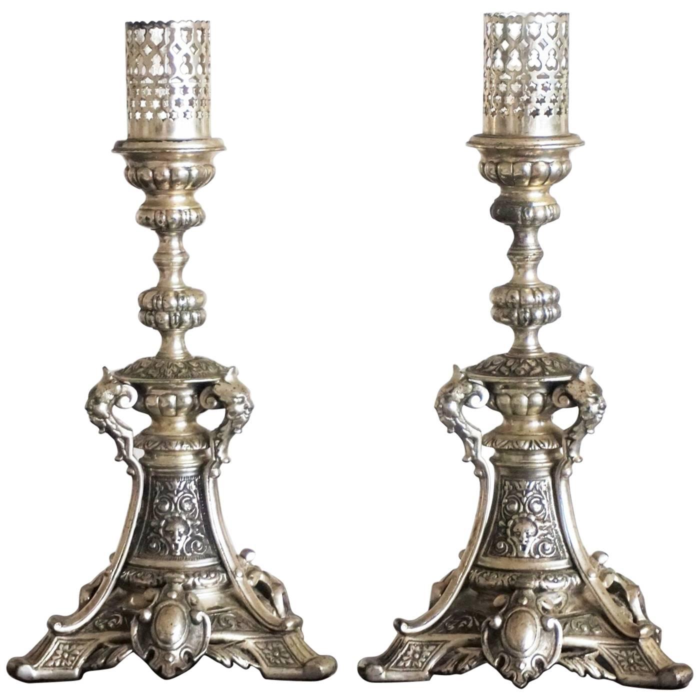 19th Century Pair of Silver Plated Candlesticks with Gothic Ornaments Candelabra