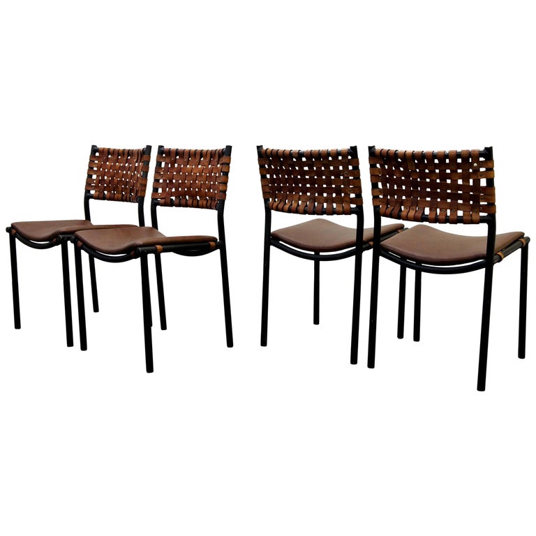 Set of For MidCentury Industrial Woven Leather Dining Chairs by Arthur