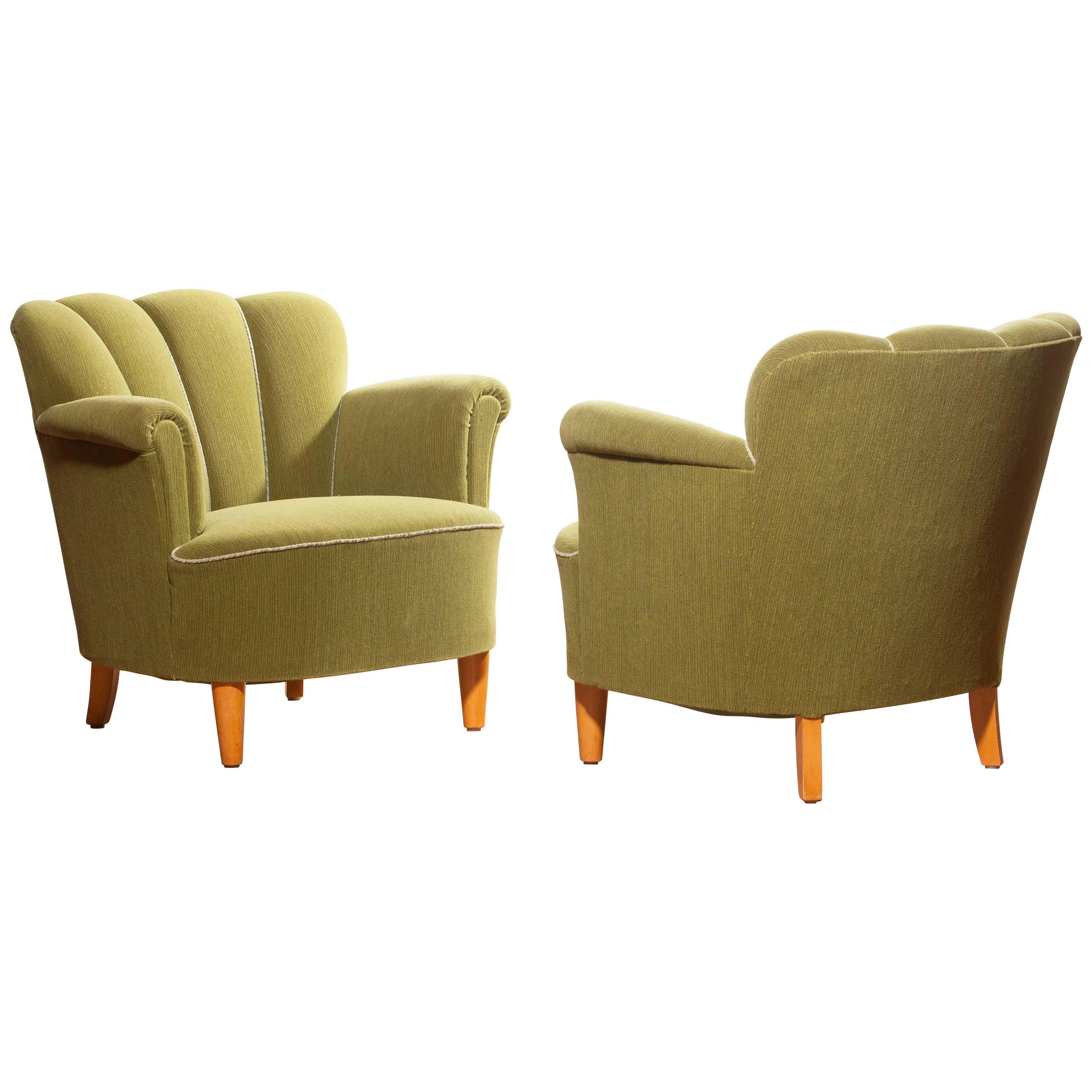 1940s, Swedish Set of Green Club Chairs