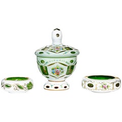 Antique Bohemian Green and White Overlay Smoking Set with Floral Enamel Decoration